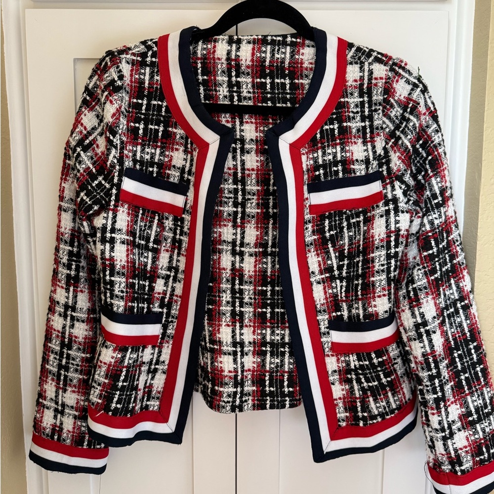Classic Tweed Open-Front Jacket in Red, Black & White Small